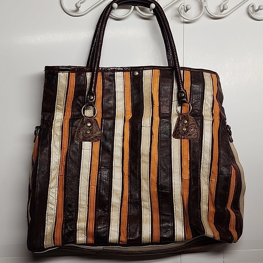 De. De Vintage Striped Brown and Orange Leather Women's XL Tote Bag - Picture 5 of 15